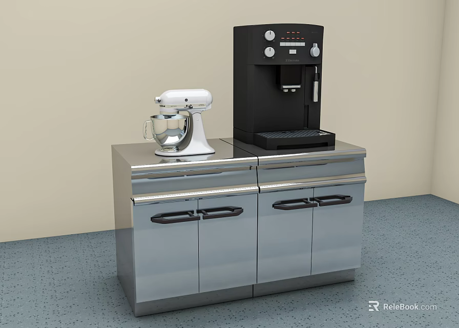 Stainless Steel Functional Table With White Mixer Black Coffee Machine Drawers And Cabinet Doors 3d model 