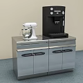 Stainless Steel Functional Table With White Mixer Black Coffee Machine Drawers And Cabinet Doors