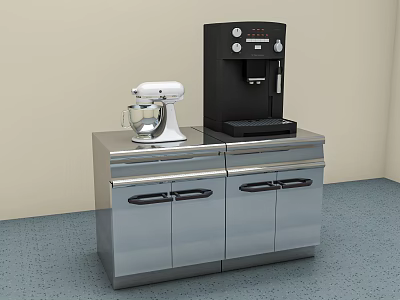 Stainless Steel Functional Table With White Mixer Black Coffee Machine Drawers And Cabinet Doors 3d model