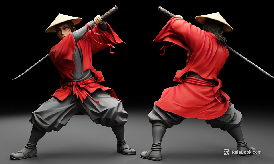 Man in red traditional outfit with bamboo hat practicing dynamic martial arts sword stance 3d model 