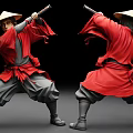 Man in red traditional outfit with bamboo hat practicing dynamic martial arts sword stance