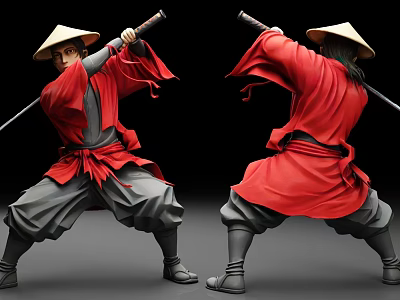 Man in red traditional outfit with bamboo hat practicing dynamic martial arts sword stance 3d model