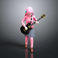 Child With Pink Hair Playing Black Electric Guitar In Pink Top And Gray Skirt