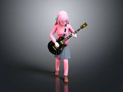 Child With Pink Hair Playing Black Electric Guitar In Pink Top And Gray Skirt 3d model