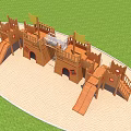 Wooden Castle Playground Equipment With Yellow Flags Slides And Green Grass Area