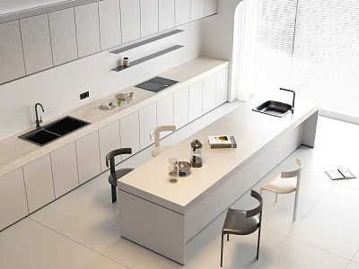 Modern Kitchen Dining Table Set Featuring White Island Counter Chairs And Cabinets 3d model