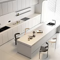 Modern Kitchen Dining Table Set Featuring White Island Counter Chairs And Cabinets 3d model