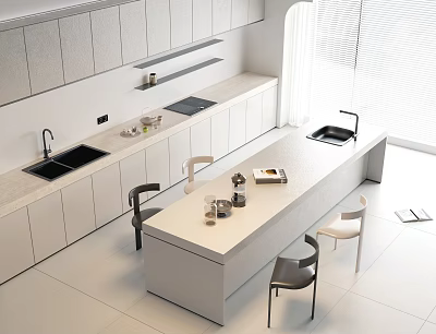 Modern Kitchen Dining Table Set Featuring White Island Counter Chairs And Cabinets 3d model