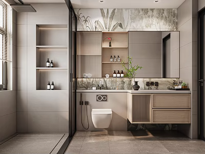 Modern Bathroom Interior Design With Gray Tiles Wooden Vanity Glass Shower Partition And Green Plants 3d model