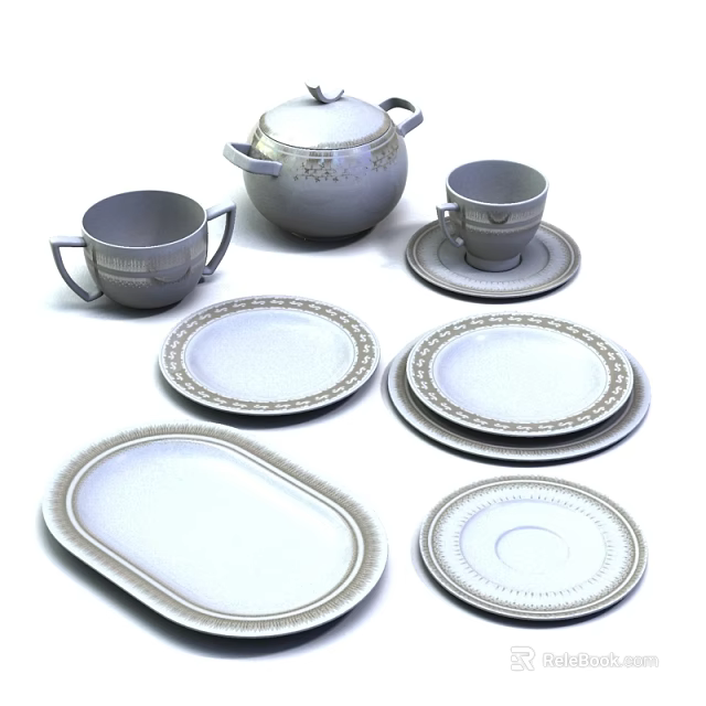 Elegant Porcelain Dinnerware Set With White Plates Cups Saucer Teapot And Gold Rim 3d model 
