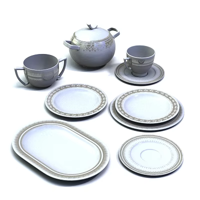 Elegant Porcelain Dinnerware Set With White Plates Cups Saucer Teapot And Gold Rim 3d model
