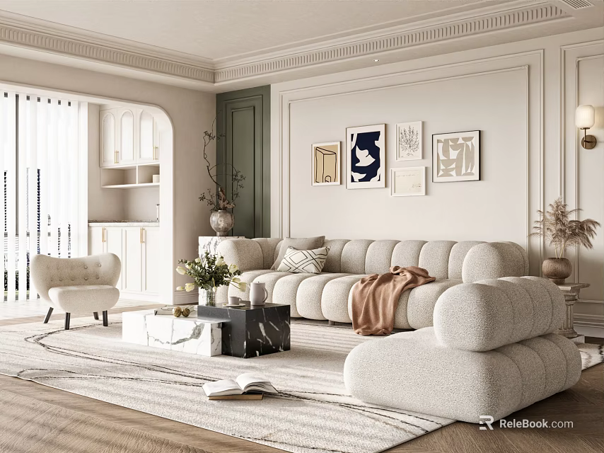 Modern Beige Sofa and Coffee Table Set with Throw Pillows Blanket Wall Art and Armchair 3d model 