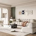 Modern Beige Sofa and Coffee Table Set with Throw Pillows Blanket Wall Art and Armchair