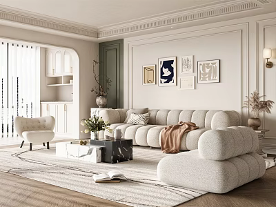 Modern Beige Sofa and Coffee Table Set with Throw Pillows Blanket Wall Art and Armchair 3d model