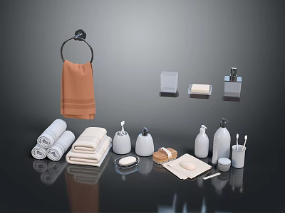 Bathroom Daily Essentials With Towels Soap Dispensers Lotion Bottles And Toothbrushes 3d model