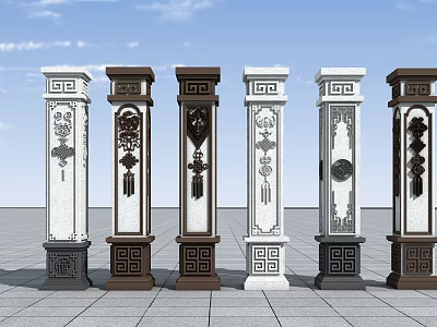 White And Dark Brown Architectural Columns With Carved Decorations And Various Designs Against Blue Sky 3d model