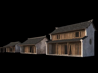Ancient Traditional Architecture Row of Houses with Wooden Structures White Walls and Classic Roofs 3d model