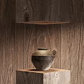 Ceramic Jar with Textured Surface on Wooden Shelves Against Natural Wood Background