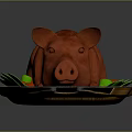 Red Roasted Pig on Decorative Plate with Green and Red Fruits