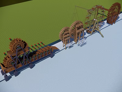 Decorative Garden Ornaments With Arranged Wooden Water Wheels And Lush Green Plants 3d model