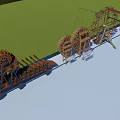 Decorative Garden Ornaments With Arranged Wooden Water Wheels And Lush Green Plants