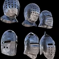 Collection of Medieval Knight Helmets with Various Metal Designs and Historical Features
