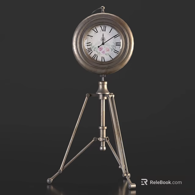 Vintage Metal Floor Clock With Round Dial Roman Numerals And Tripod Stand 3d model 