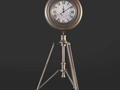 Vintage Metal Floor Clock With Round Dial Roman Numerals And Tripod Stand 3d model