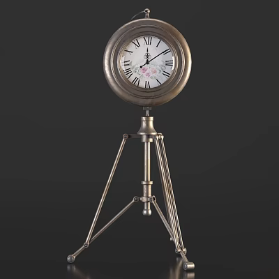 Vintage Metal Floor Clock With Round Dial Roman Numerals And Tripod Stand 3d model