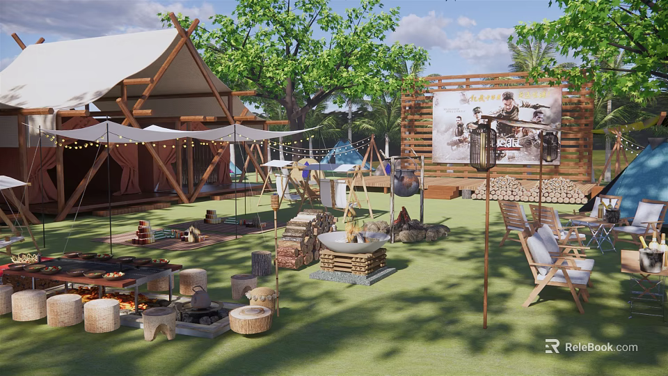 Scenic Camping Site Featuring Tented Cabins Wooden Structures Trees Outdoor Seating And Fire Pit 3d model 