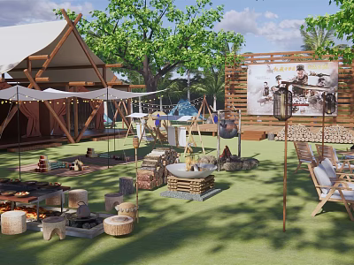Scenic Camping Site Featuring Tented Cabins Wooden Structures Trees Outdoor Seating And Fire Pit 3d model