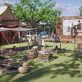 Scenic Camping Site Featuring Tented Cabins Wooden Structures Trees Outdoor Seating And Fire Pit