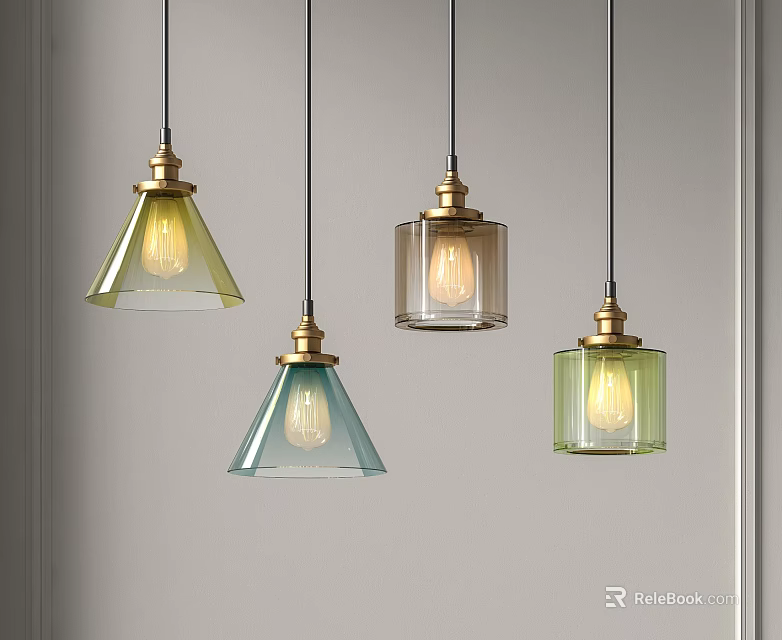 Four Brass Pendant Lights With Colored Glass Shades Hanging In Grey Interior Space 3d model 