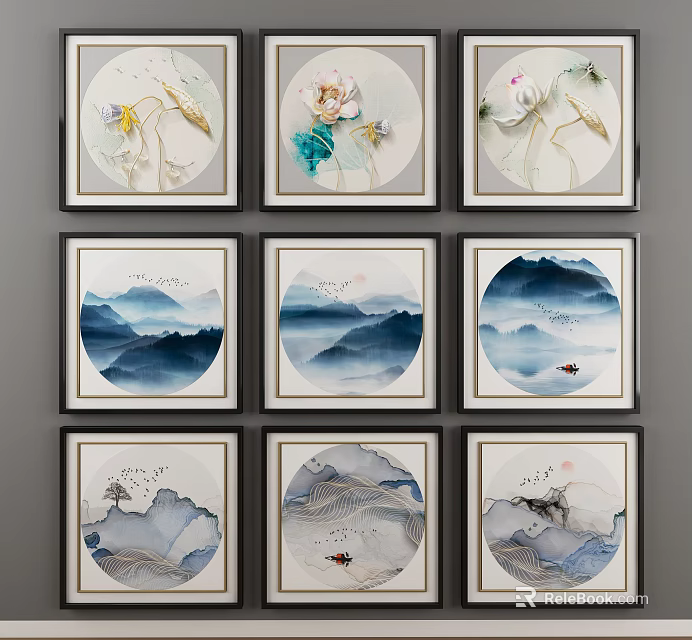 Traditional Chinese Ink Landscape Paintings Mountain Cloud Boat Scenery Round Square Framed Wall Art 3d model 