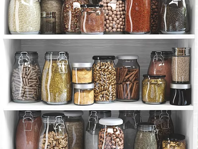 Various Grains Nuts and Spices in Glass Jars Neatly Arranged on White Kitchen Shelves 3d model