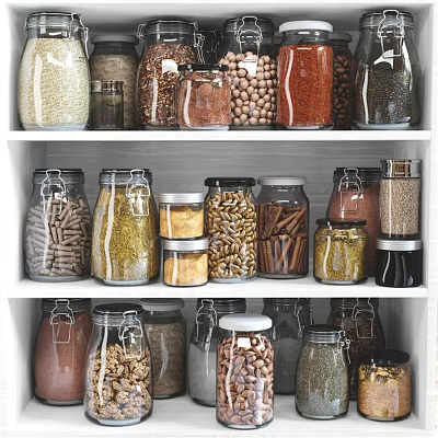 Various Grains Nuts and Spices in Glass Jars Neatly Arranged on White Kitchen Shelves 3d model