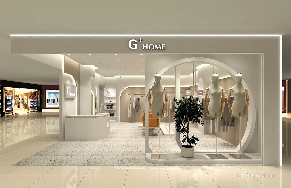 Modern Clothing Store Featuring Window Display Mannequins Interior Design Counter And Plant 3d model 