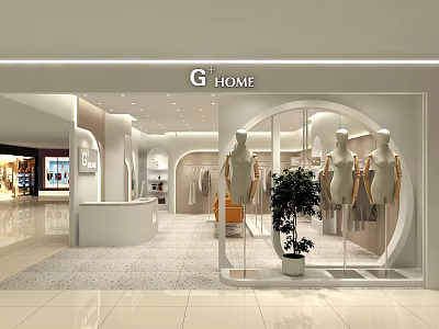 Modern Clothing Store Featuring Window Display Mannequins Interior Design Counter And Plant 3d model