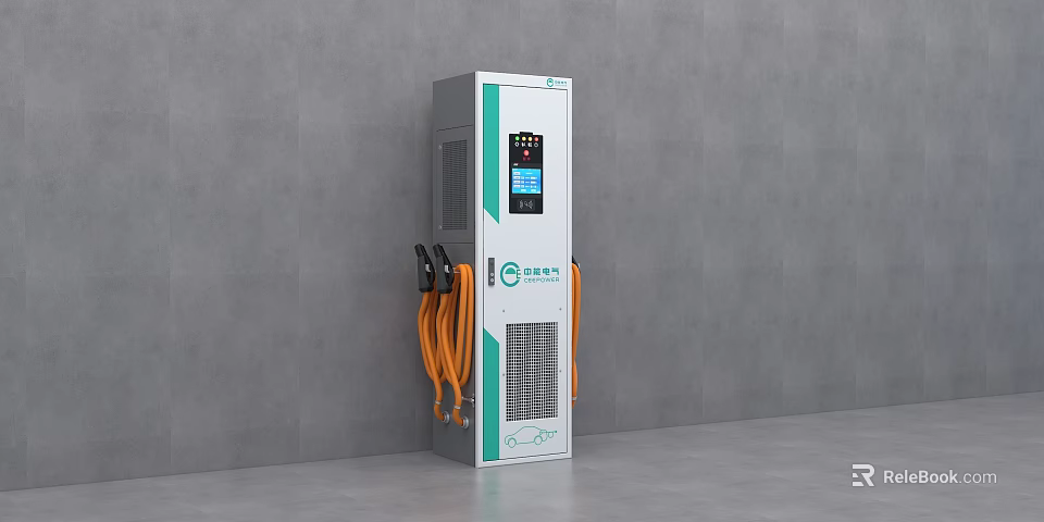 Charging Hero EV Charger In White Green Design With Orange Cables On Grey Wall 3d model 