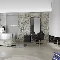 Modern Elegant Beauty Salon Interior With Sofa Chairs Display Shelves And Staircase