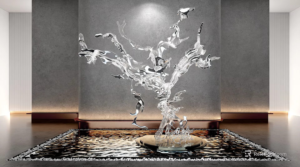 Transparent Glass Sculpture with Branch Like Structure and Flying Birds in Water Feature Under Spotlight 3d model 