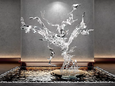 Transparent Glass Sculpture with Branch Like Structure and Flying Birds in Water Feature Under Spotlight 3d model