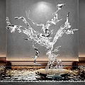 Transparent Glass Sculpture with Branch Like Structure and Flying Birds in Water Feature Under Spotlight