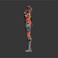 Three Female Futuristic Mech Characters In Pink Black And Orange Armor Standing Pose Design