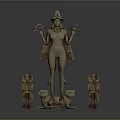 Ancient Winged Human Figure Sculpture With Headdress Scepters Sphinx Creatures And Snakes