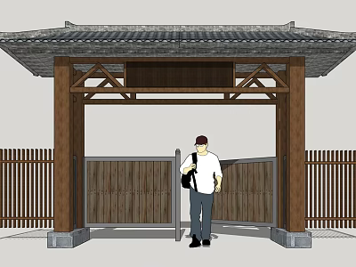 Traditional Chinese Style Entrance Gate With Tiled Roof Wooden Structure And Man Standing Nearby 3d model