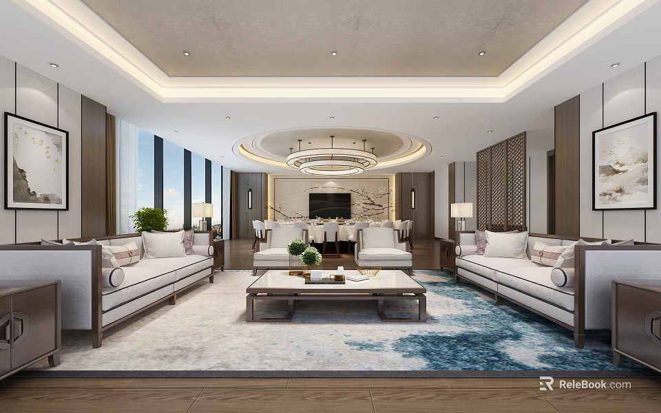 Modern Private Box Interior With Sofas Coffee Table TV Chandelier And Decorative Rug 3d model