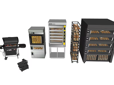 Commercial Kitchen Appliances Including Baking Ovens Grill And Multi layer Racks 3d model