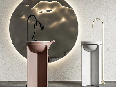 Modern Copper And White Washbasin With Black Gold Faucets And Backlit Circular Mirror 3d model