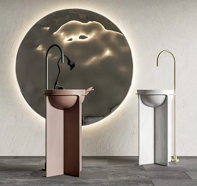 Modern Copper And White Washbasin With Black Gold Faucets And Backlit Circular Mirror 3d model